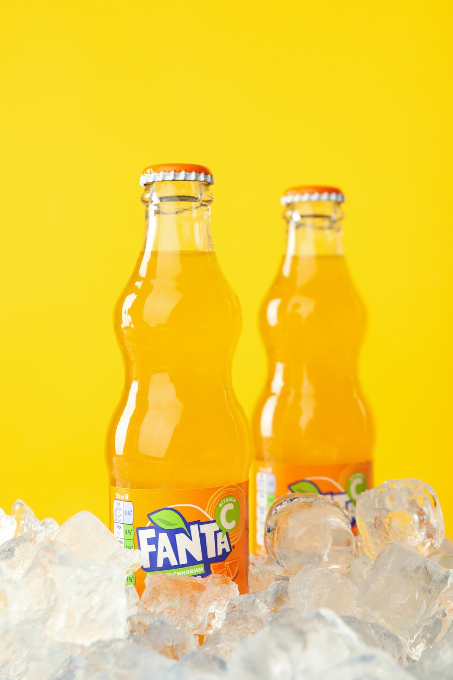 Odessa, Ukraine - 20 January 2022. Fanta bottles in ice on y