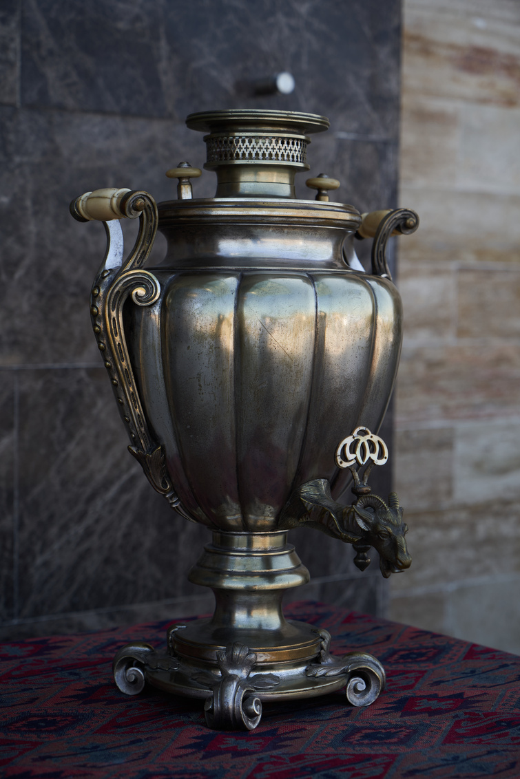 Samovar, russian tea pot. Vintage samovar on marble background